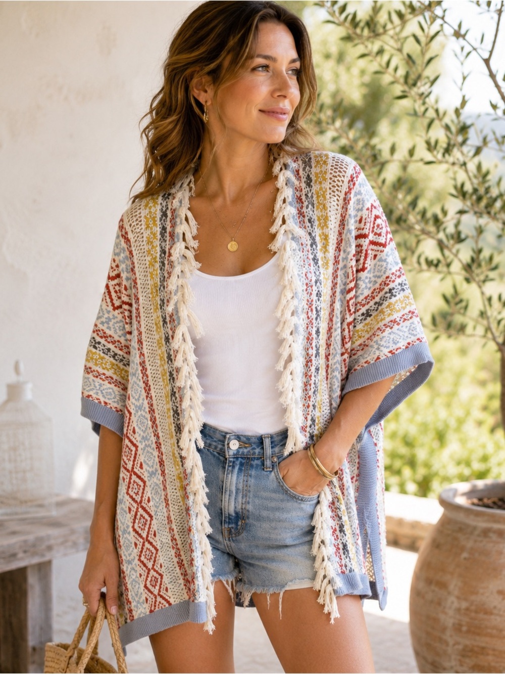 Cabi Siesta Fringe Poncho XS/S Boho Cardigan Resort Layer Open Knit Sweater 5001